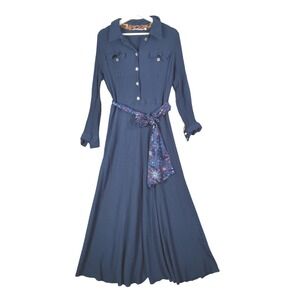 Soft Surroundings Airy Pleated Modest Nautical‎ Lagen Maxi Dress Belted Womens L
